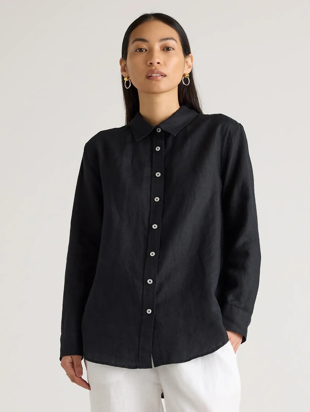 Quince 100% European Linen Button Down Shirt Black Long Sleeve Sz L Euro Summer
